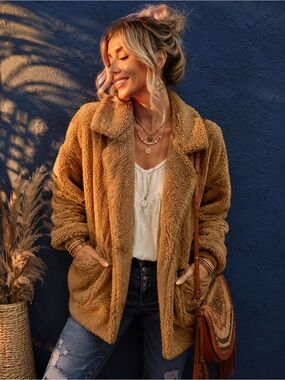 🤎 Mud Pie | Teddy Fleece Jacket | Medium | Camel Brown | Boho Cozy